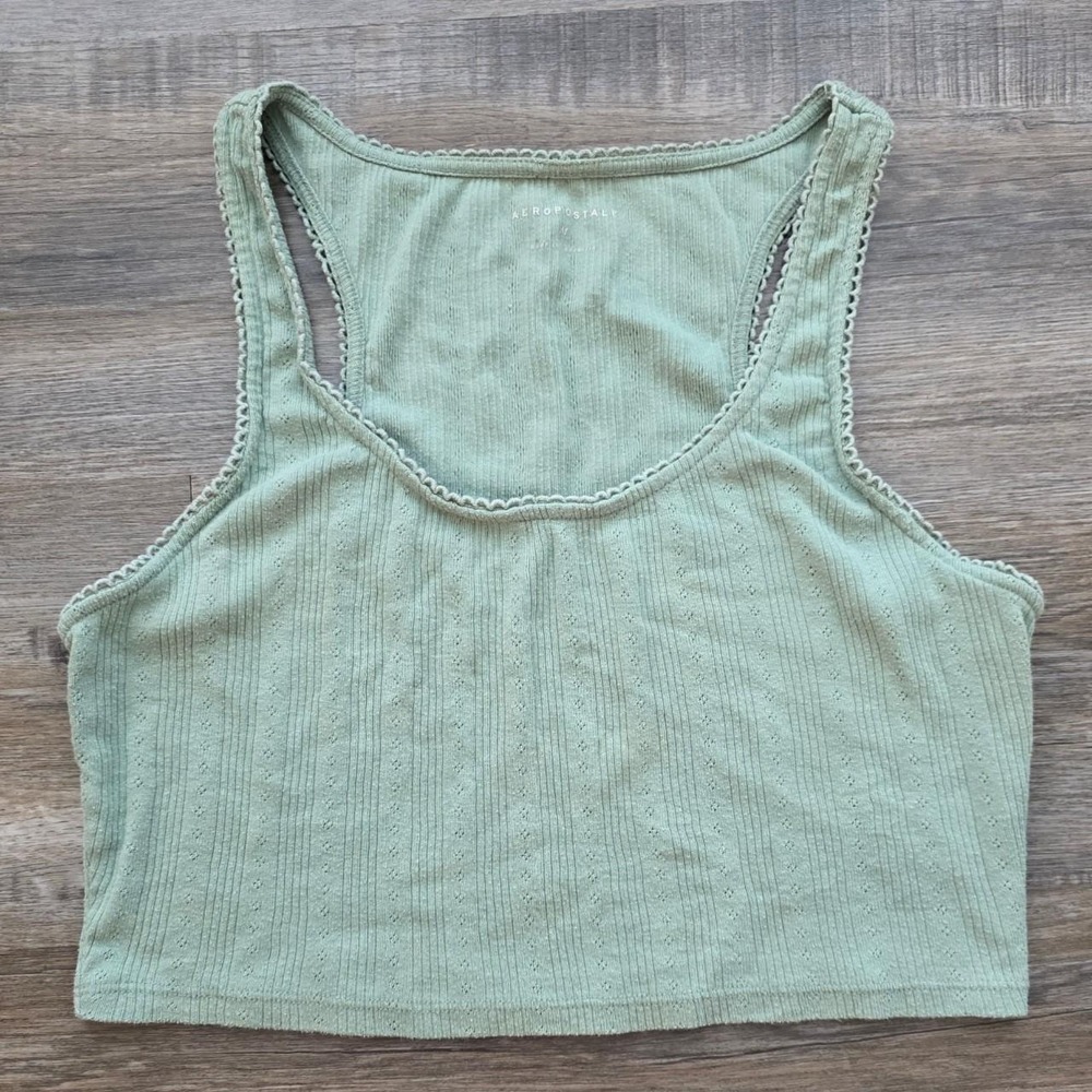 Aeropostale Sage Green Pointelle Lace Trim Cropped Tank Top Womens Medium